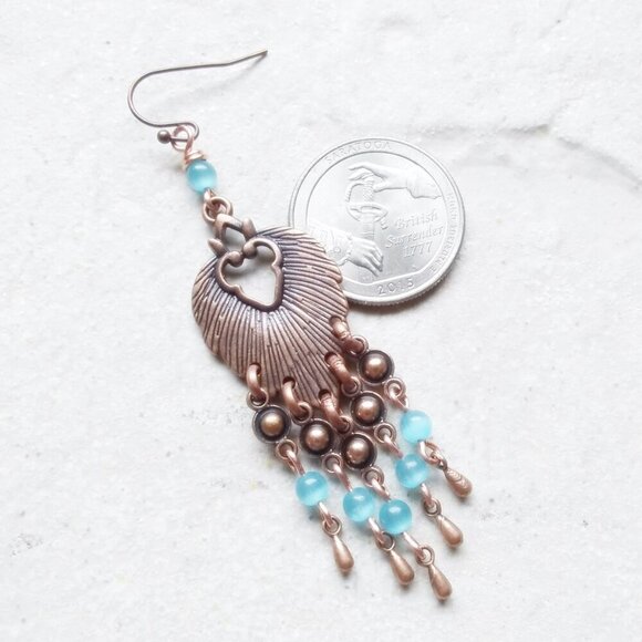 Handmade! Copper Leaf Shaped Chandeliers with Shimmering Aqua CatsEye Beads - Picture 3 of 8